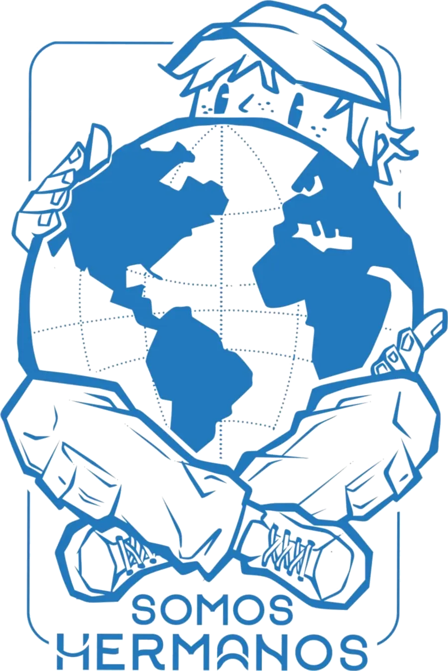 Ilustración de dos manos sosteniendo el mundo, emblema de Somos Hermanos